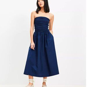 Loft - Poplin Mixed Media Strapless dress with pockets - Navy - S
